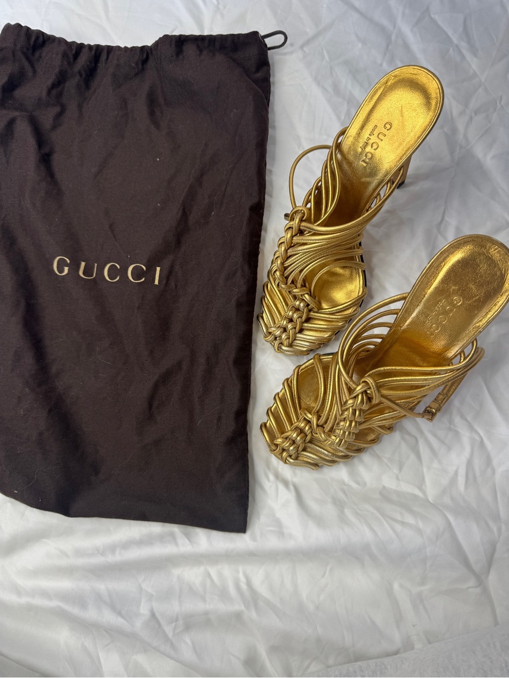 Gucci Metallic Gold Woven Leather Strappy Heels